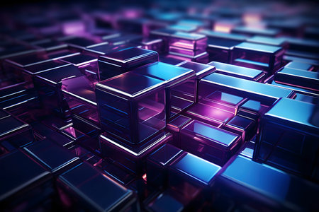 Close-up view of many shiny, metallic cubes in shades of purple and blue. Abstract 3D rendering.の写真素材