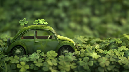 A charming green vintage car sits amongst a field of clover, adorned with moss and shamrocks.