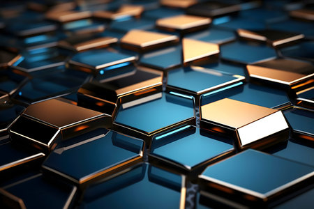 Close-up of a 3D rendered image showcasing an abstract pattern of hexagons in shades of blue and gold.の写真素材
