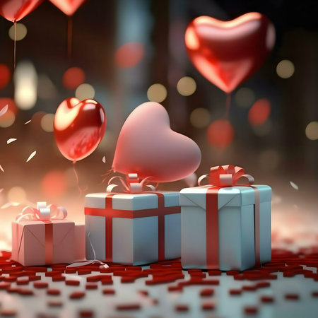 Heart-shaped balloons and gifts create a romantic scene. Perfect for Valentine's Day!の写真素材