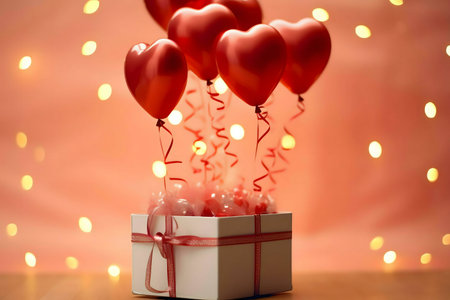 Heart-shaped balloons float above a gift box, creating a romantic and festive scene. Perfect for Valentine's Day.の写真素材