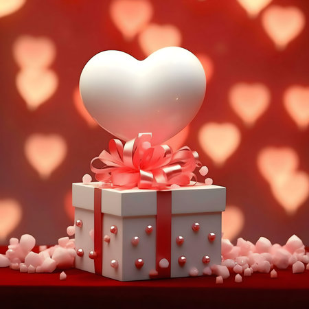A white heart-shaped balloon sits atop a gift box adorned with a pink ribbon. The background is a bokeh of blurry hearts.の写真素材