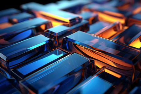 Abstract digital art showcasing blue and orange glass blocks. Geometric shapes create a vibrant,...