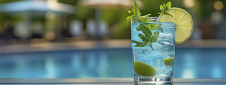A refreshing mojito sits poolside, summer vibes