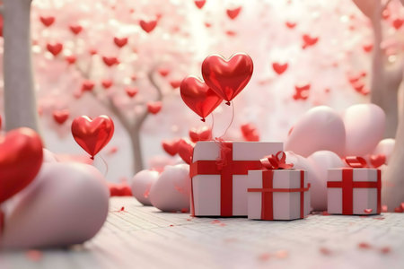 A dreamy Valentine's Day scene featuring red heart-shaped balloons and gifts in a magical garden.の写真素材