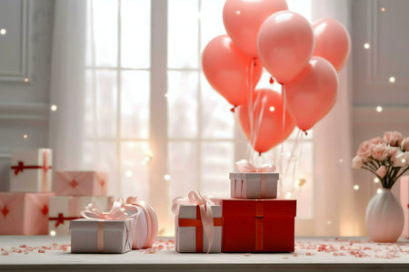Pink balloons and beautifully wrapped presents sit on a table, creating a festive atmosphere.の写真素材