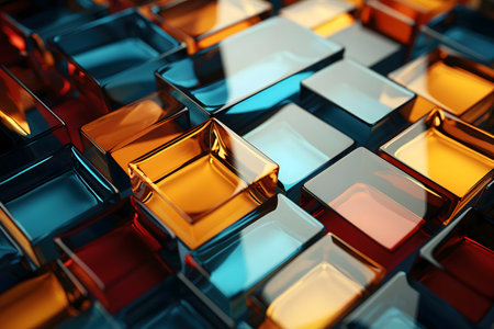Close-up view of colorful, glossy glass cubes forming an abstract pattern. Rich color variations and reflections are prominent.の写真素材