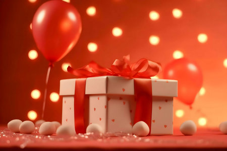 A white gift box with a red ribbon, surrounded by red balloons and warm lights. Perfect for...