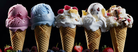 Five assorted ice cream cones with different flavors and toppings. A tempting summer treat!の写真素材
