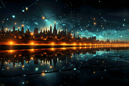 A digital painting of a futuristic city at night, reflecting in calm water under a starry sky with interconnected lights.の写真素材