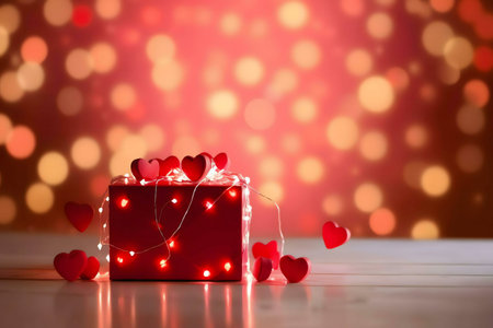 A red gift box adorned with small hearts and fairy lights, creating a romantic Valentine's Day atmosphere.の写真素材
