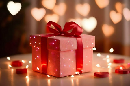 A pink gift box with a red ribbon, surrounded by hearts and lights. Perfect for Valentine's Day.の写真素材