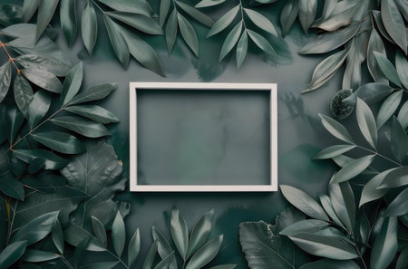 A white frame surrounded by lush green leaves, creating an elegant and minimal background.