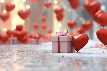 A pink gift box with a red ribbon sits on a snowy ground surrounded by red heart-shaped balloons. A perfect Valentine's Day scene!の写真素材