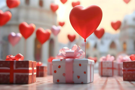 A romantic scene with a heart-shaped balloon above a gift, surrounded by more presents and hearts.の写真素材