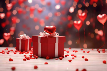 Red gift boxes with hearts, perfect for Valentine's Day.