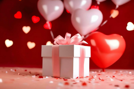 A white gift box with a pink ribbon sits among red and pink heart-shaped balloons and confetti, creating a romantic Valentine's Day scene.の写真素材