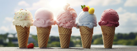 Five colorful ice cream cones on a sunny day. A perfect summer treat!の写真素材