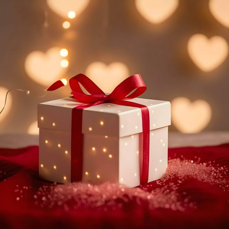 A white gift box with a red ribbon, illuminated by soft lights, sits on a red surface. The background has a bokeh effect with heart shapes.の写真素材