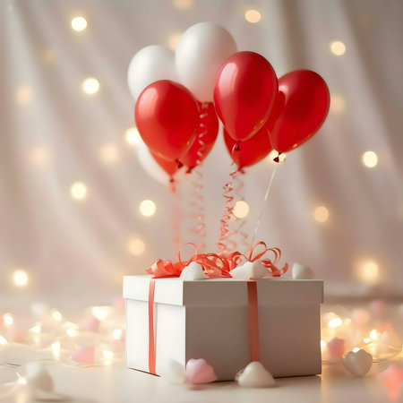 A white gift box adorned with red and white balloons and fairy lights. A perfect Valentine's Day gift.の写真素材