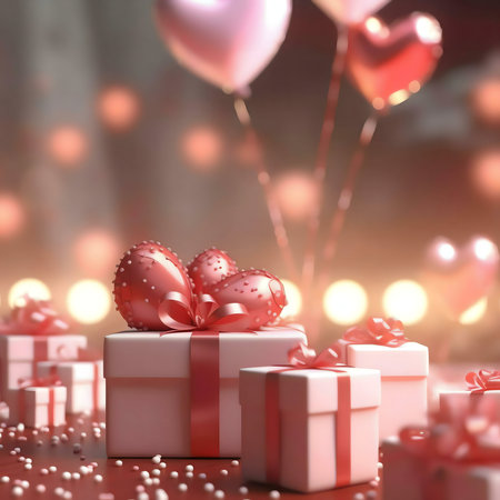 Pink gift boxes with heart-shaped balloons, perfect for Valentine's Day. A romantic and festive scene.の写真素材