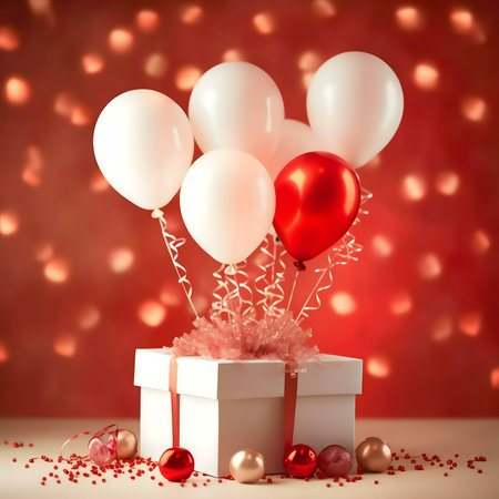 A white gift box sits under red and white balloons, scattered with festive confetti. A romantic and joyful scene!の写真素材