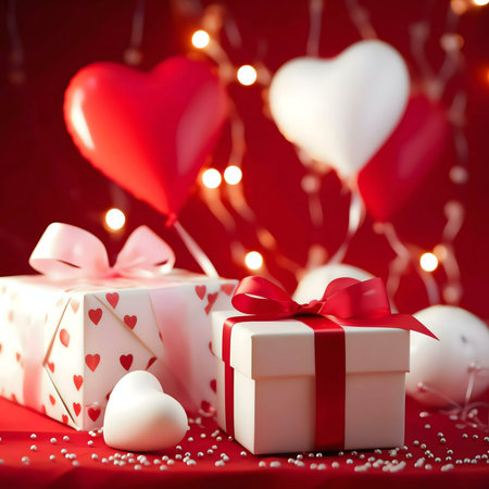 Two beautifully wrapped gifts, heart-shaped balloons, and sparkling lights create a romantic Valentine's Day atmosphere.の写真素材