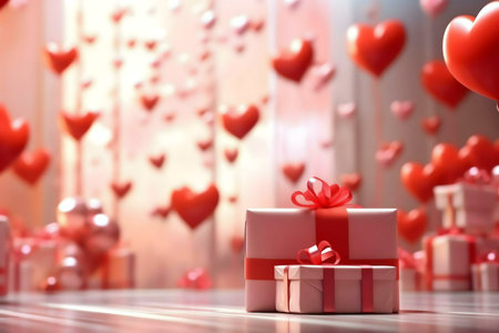 Two beautifully wrapped gifts sit amidst a flurry of red hearts, symbolizing Valentine's Day romance and love.の写真素材