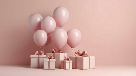 Pink balloons float above a collection of beautifully wrapped gifts, creating a festive and cheerful scene.の写真素材