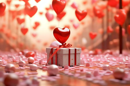 A white gift box with a red heart on top surrounded by pink hearts. Perfect for Valentine's Day.