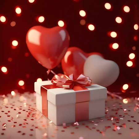 A white gift box with a red ribbon and bow, surrounded by red and white heart-shaped balloons and red confetti. Perfect for Valentine's Day.の写真素材