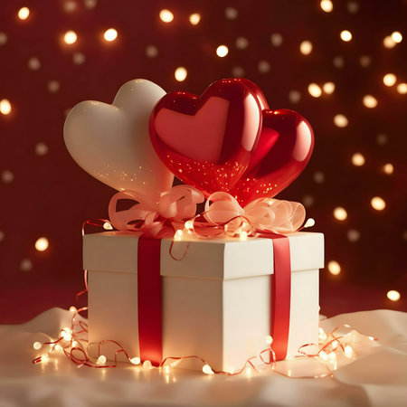 A white gift box adorned with red and white heart-shaped balloons and fairy lights, perfect for Valentine's Day.の写真素材
