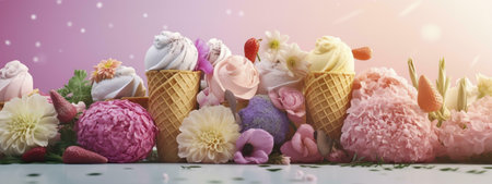 Pastel ice cream scoops in waffle cones nestled amongst a vibrant arrangement of pink, white, and purple flowers. A sweet and dreamy scene.の写真素材