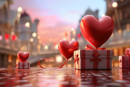 Heart-shaped balloons atop gifts in a romantic city setting. Perfect for Valentine's Day.の写真素材