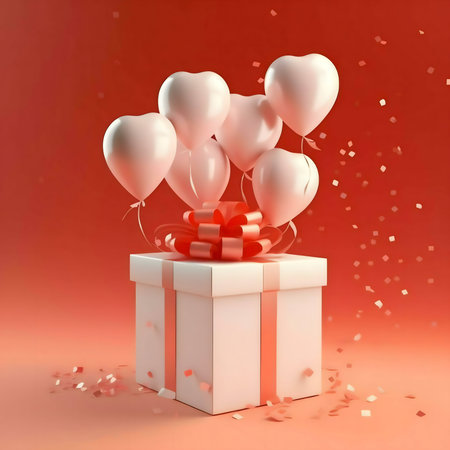 A white gift box adorned with a pink ribbon and surrounded by heart-shaped balloons, creating a romantic and festive atmosphere.の写真素材
