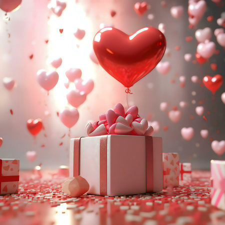 A romantic image depicting a heart-shaped balloon above a gift box, surrounded by smaller hearts,...