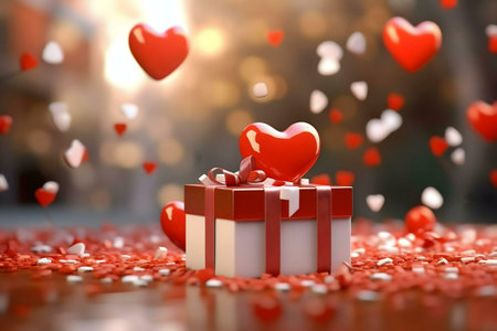 A red and white gift box with a big red heart on top, surrounded by many small hearts. Valentines...