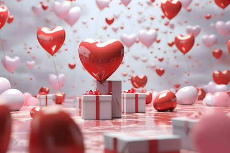 3D rendered image of heart-shaped balloons and gifts, perfect for Valentine's Day.の写真素材