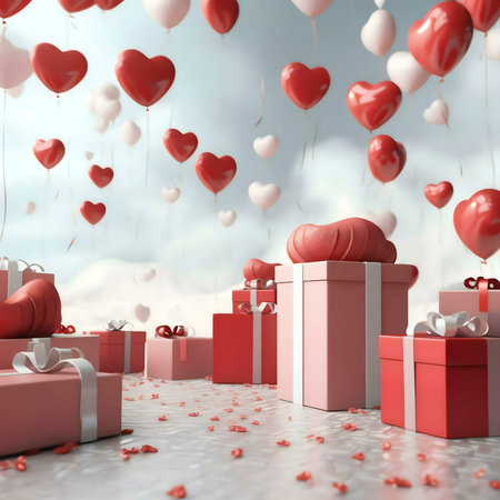 A romantic Valentine's Day scene featuring red and white heart-shaped balloons floating above a...