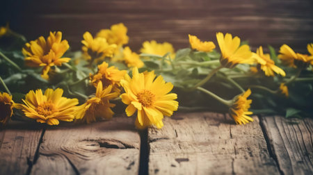 A bunch of bright yellow flowers rests on an aged wooden surface. Rustic and elegant.の写真素材