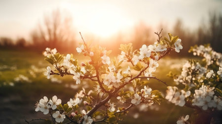 Stunning sunset illuminating delicate white blossoms in a tranquil spring field.