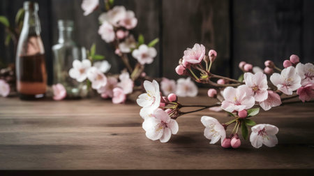 Pink cherry blossoms on a wooden table. Beautiful spring scene.の写真素材
