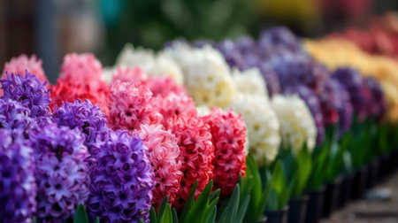 A stunning close-up of various hyacinths in a vibrant array of colors.の写真素材