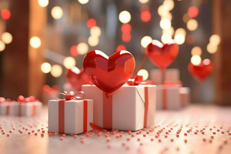 A red heart-shaped balloon rests on top of white gift boxes, creating a romantic and festive...