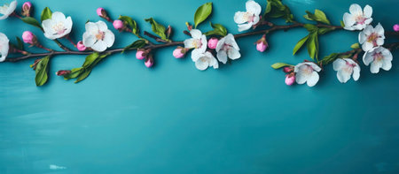 Delicate spring blossoms arranged on a teal background.の写真素材