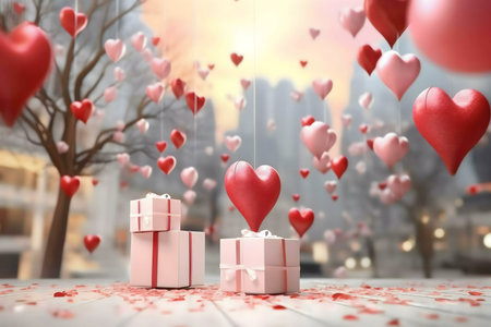 Romantic Valentine's Day scene with gifts and hearts.の写真素材