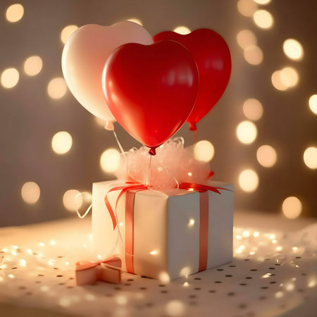 A white gift box sits under heart-shaped balloons, adding to a warm, romantic atmosphere with fairy lights.の写真素材