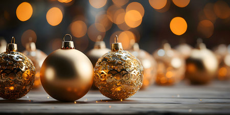 Close-up of two prominent gold Christmas ornaments, adorned with intricate details, set against a backdrop of warm bokeh lights.の写真素材