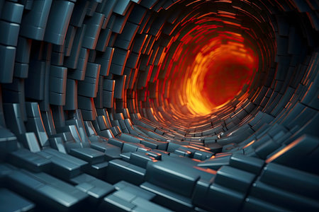 A digital rendering of an abstract tunnel composed of glowing blocks. The scene evokes feelings of futuristic technology and movement.の写真素材