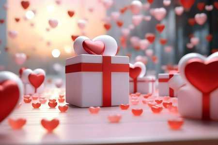 A white gift box with a red ribbon and hearts floating around. Perfect Valentine's Day gift.の写真素材